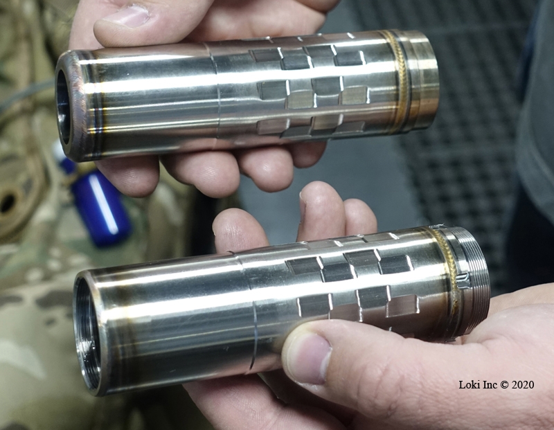 Suppressors - fresh from welding (T), after threads cut (B)