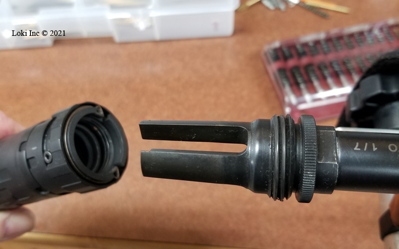 SilencerCo ASR flash hider on AR pistol, ready to install Saker ASR 556 suppressor
