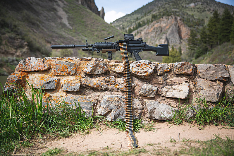 The SilencerCo Saker 762 suppressor mounted on an FN MK48 Machine Gun, 7.62x51mm.