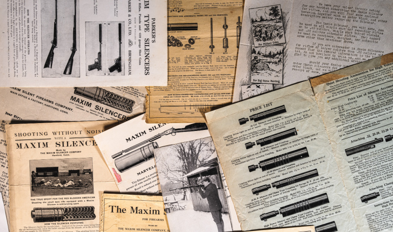 Collage of Maxim gun silencer marketing materials