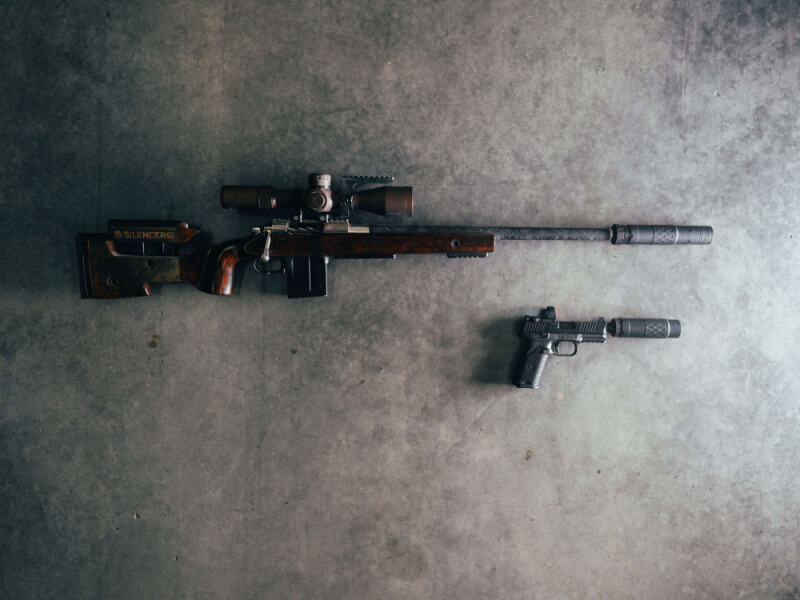 best 9mm suppressor, SilencerCo Omega 36M in short configuration on a pistol and long configuration on a rifle.