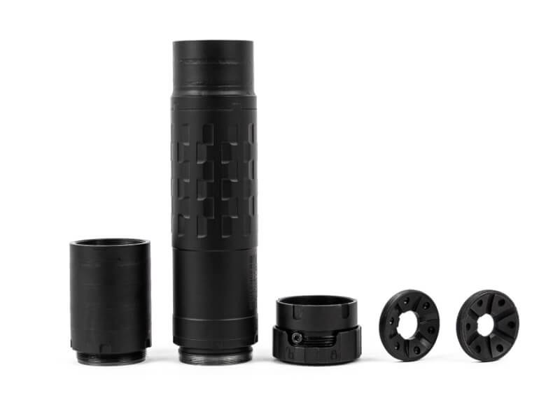 SilencerCo Hybrid 46M multicaliber suppressor broken down.