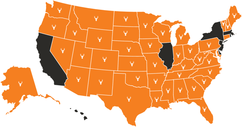 Silencers Are Legal map of the 42 states in the USA where suppressor ownership is legal.