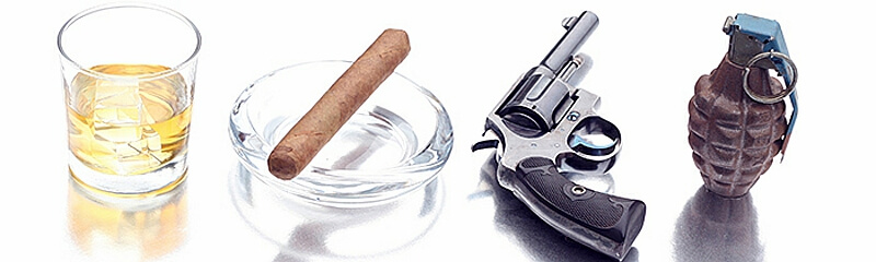 visual representation of what the ATF regulates: alcohol, cigar, revolver, and hand grenade