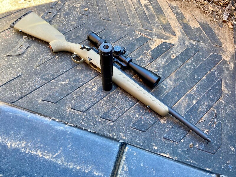 Savage 110 next to a direct thread mount on Hybrid 46M suppressor
