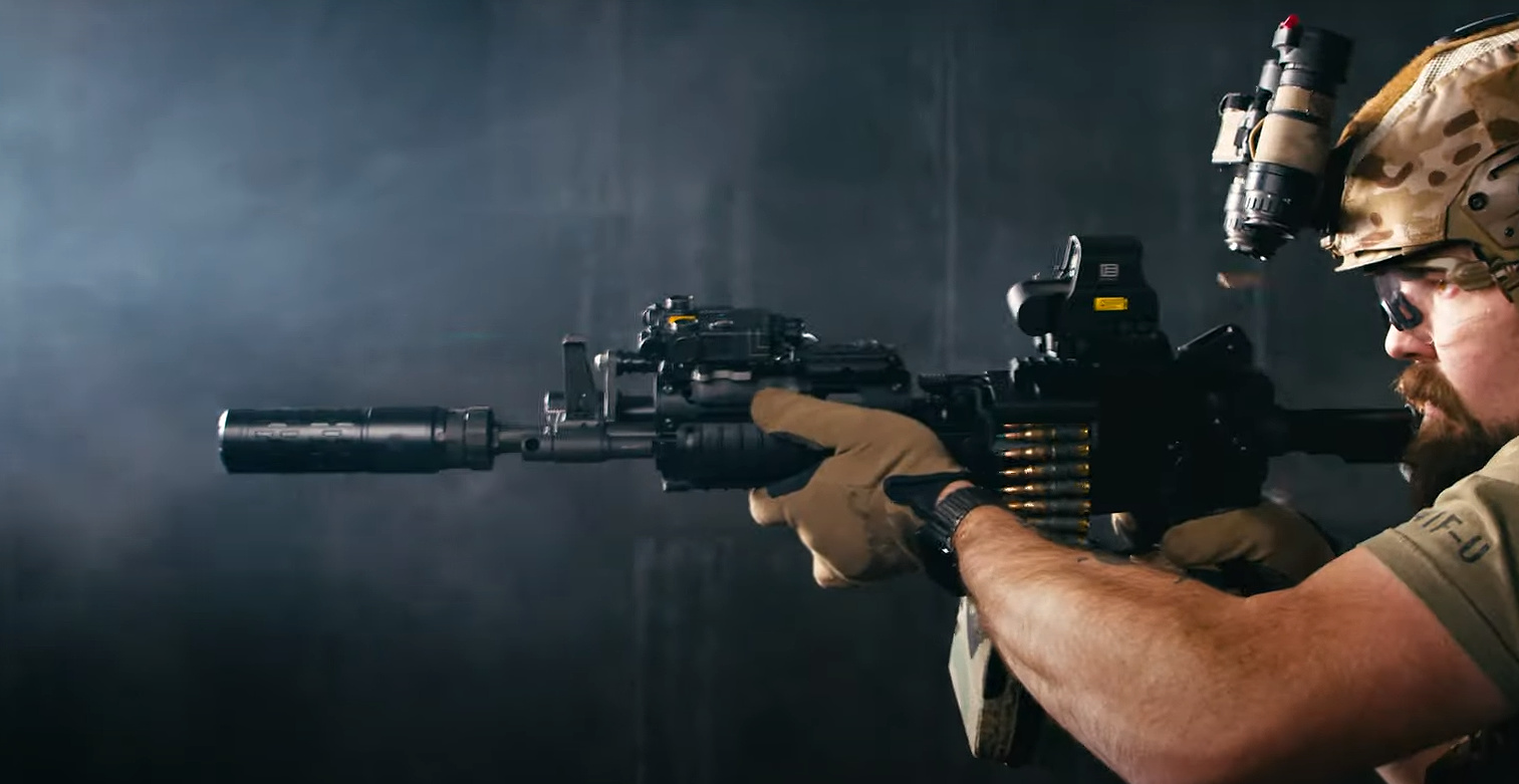 low back pressure suppressor - SilencerCo Velos LBP on belt fed rifle in full-auto