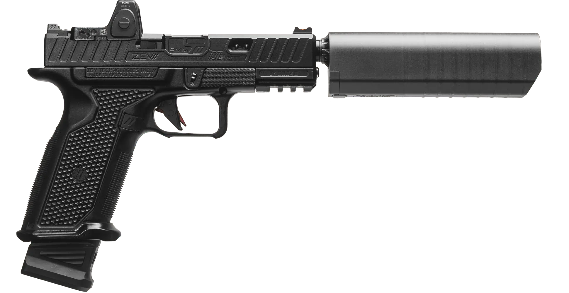 SilencerCo S98 suppressor attached to a ZEV Technologies OZ9 V2 Elite Hyper Comp Pistol.