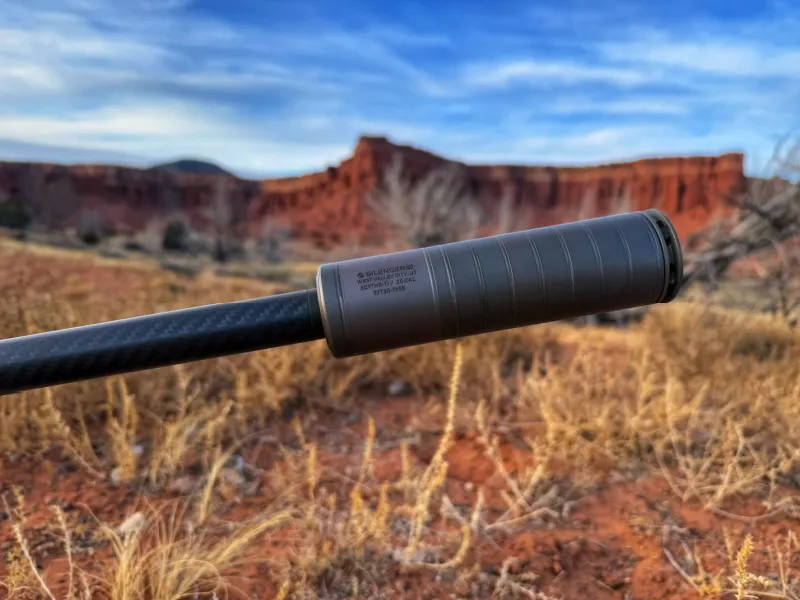 Scythe-Ti at the end of a rifle barrel, mountains in background