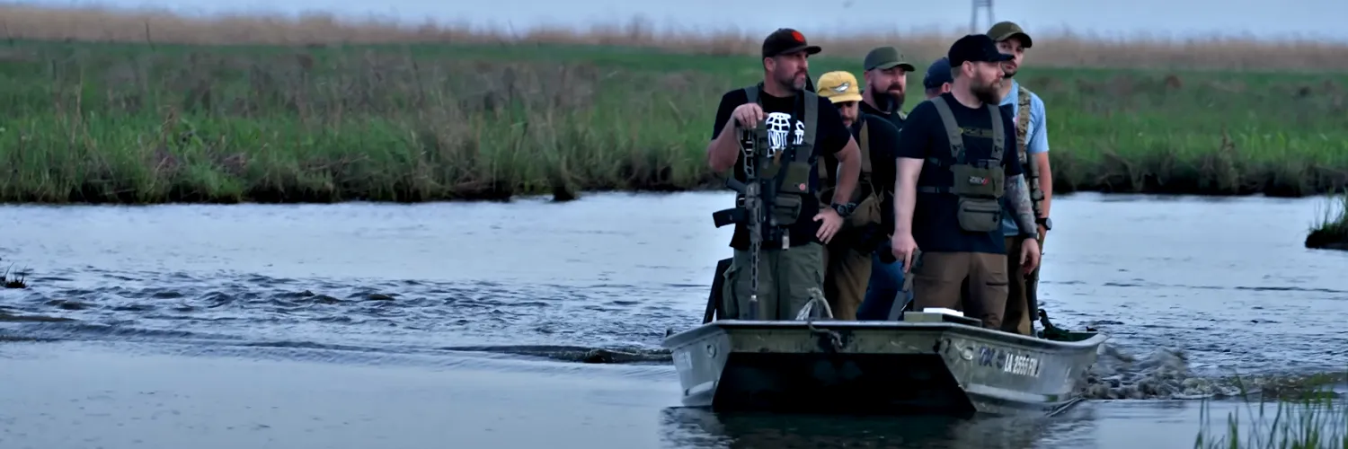 2025 Nutria hunt - SilencerCo, Zev Technologies, Dirty Kid, Superior Defense on a boat in the bayou