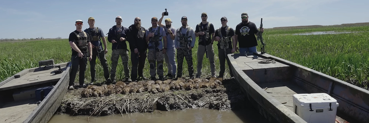 Hunters from SilencerCo, Dirty Kid, and Superior Defense pose for a photo with the nutria they harvested in the 2025 nutria hunt.