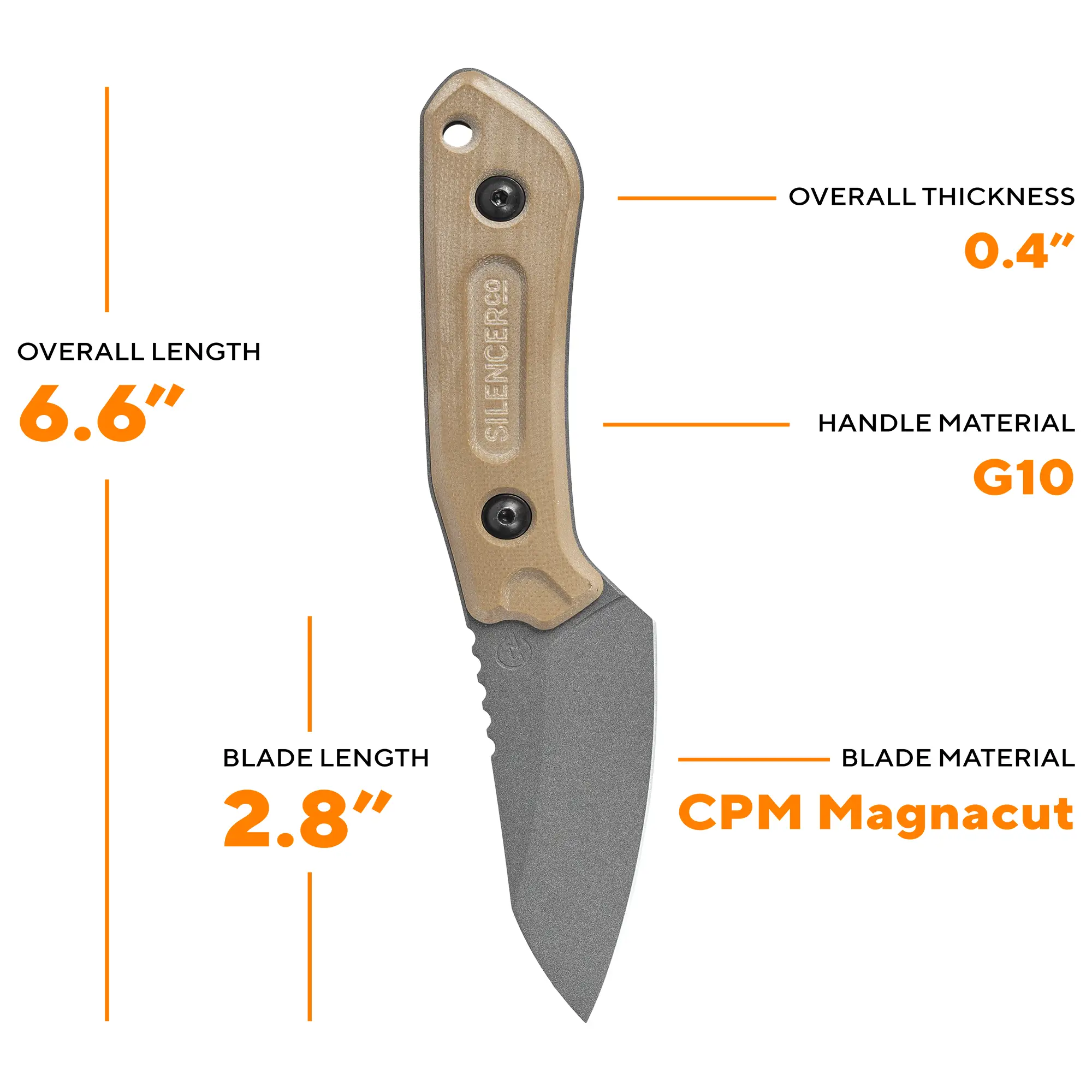 SilencerCo X Schwarz Overland Sport Knife images showing measurments and other specs.