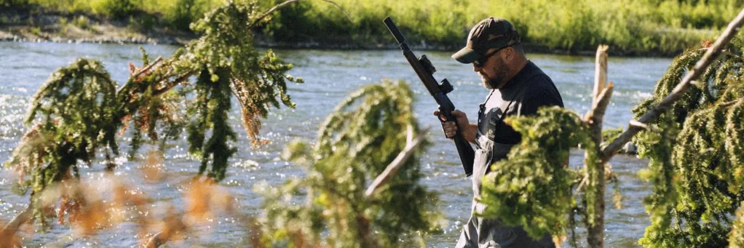 Man hunting by river with suppressed lever gun